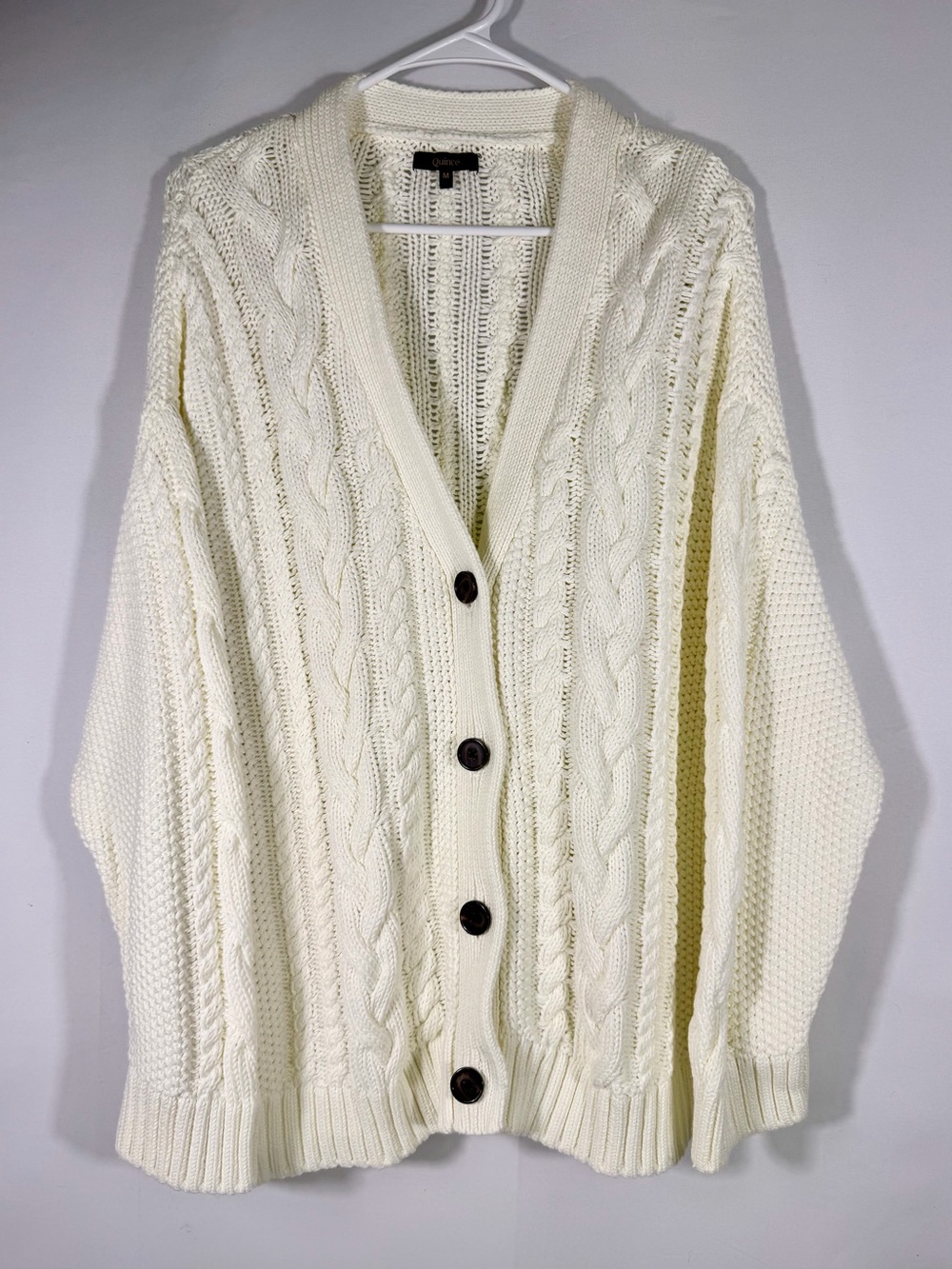 Quince Organic Cotton Cable Knit Oversized Cardigan Cream Medium